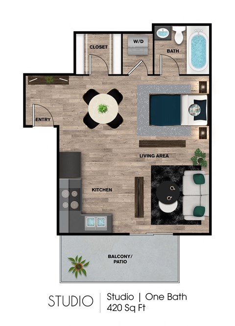 A floor plan of a studio apartment with a living area, kitchen, bathroom, and balcony.
